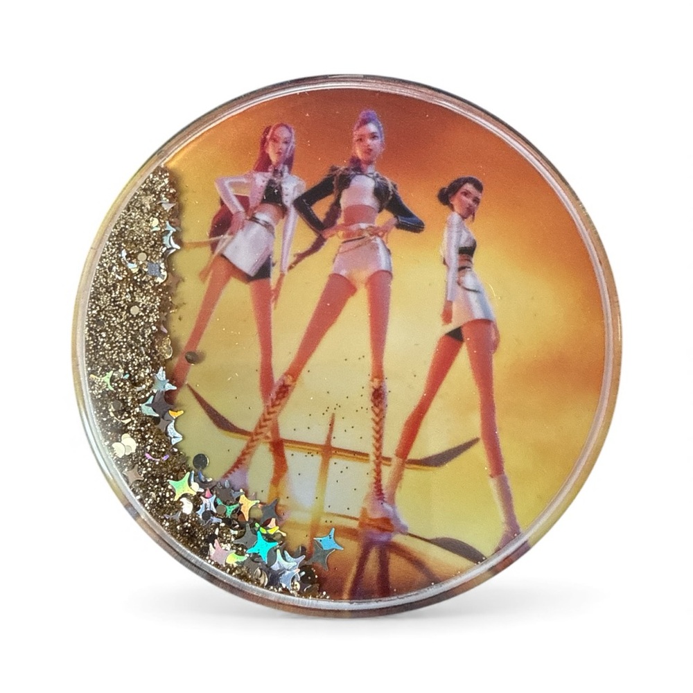 Dual sided magnifying Demon Hunter round compact mirror with floating glitter